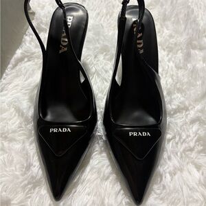 Prada Black Patent Slingback Pointed Pumps with Logo Plaque